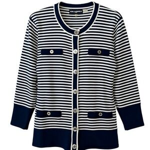 Karl Lagerfeld Paris MEDIUM Navy Stripe Knit‎ Cardigan Button Front Pockets